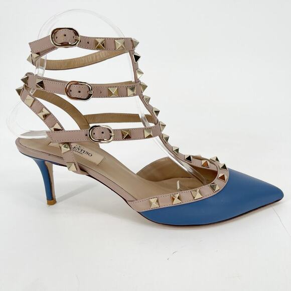 Valentino Garavani Blue Leather Rockstud Caged Pointed Toe Heel size EU 38.5 - Picture 2 of 12